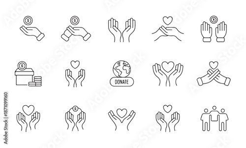 Collection of hand drawn charity icons and volunteer doodles featuring hearts hands and earth globe