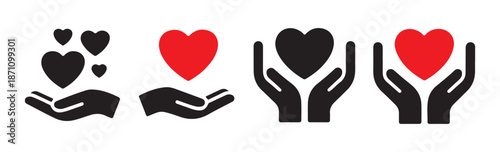 Love and care icons set vector gift relationship handshake people globe flower heart