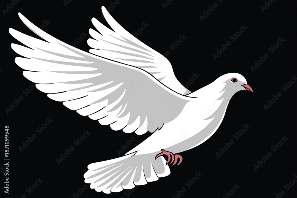 Obraz premium white dove in flight, wings spread, black background, high contrast, detailed feathers, graceful pose, symbol of peace, majestic bird, side view, red leg band, ethereal lighting, photorealistic, 4K
