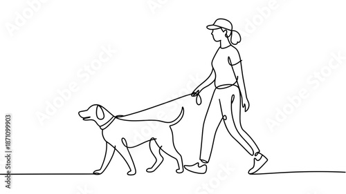 Single continuous line drawing of a woman in a cap walking her dog on a leash outdoors