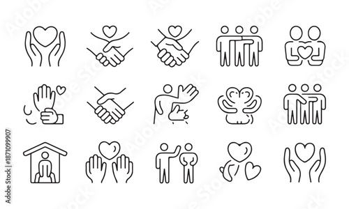 Minimalist charity line icons collection for volunteer projects social service and community welfare