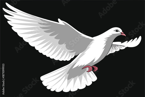  white dove in flight, wings spread, black background, high contrast, detailed feathers, graceful pose, symbol of peace, majestic bird, side view, red leg band, ethereal lighting, photorealistic, 4K