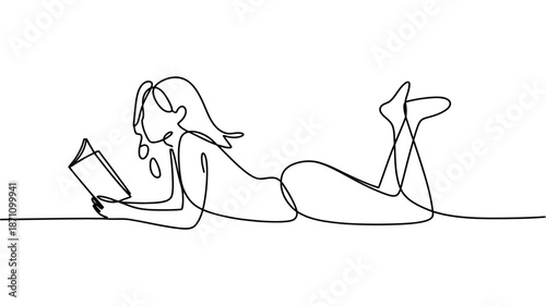 Continuous line drawing of a woman relaxing and reading a book on her stomach
