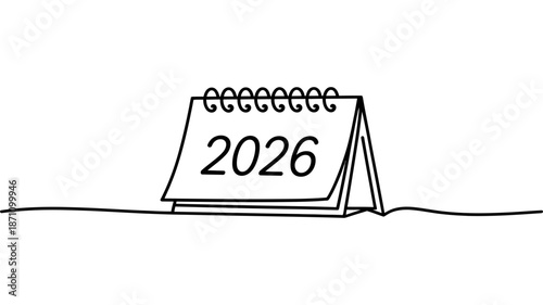 Simple continuous line drawing of a desk calendar displaying the year 2026