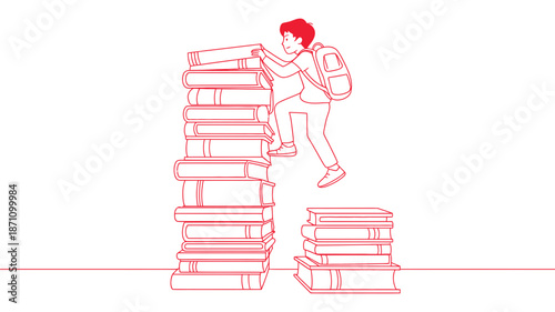 A student climbs a towering stack of books, symbolizing the arduous journey towards knowledge