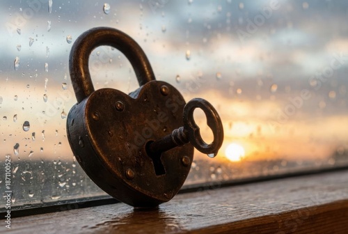 An antique heart padlock with a key on a window sill covered in raindrops during sunset