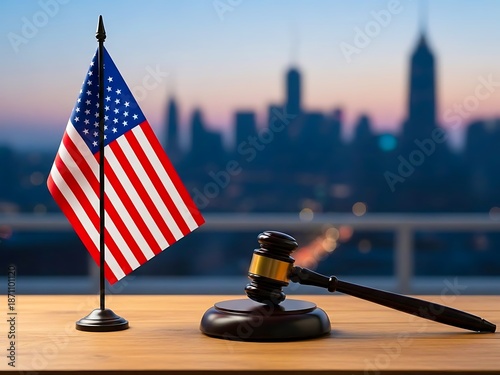 American justice a flag gavel and new york city skyline backdrop