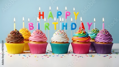 Colorful cupcakes with happy birthday candles on a white table
