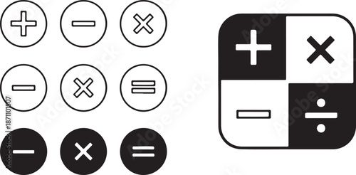 Mathematics and Calculator Icon Set. Addition, Subtraction, Multiplication, and Division Vector Symbols.