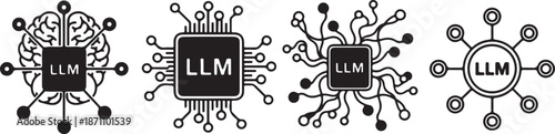 LLM Large Language Model Icon Set Isolated on White. Artificial Intelligence Brain, Processor, and Neural Network Vector Symbols.
