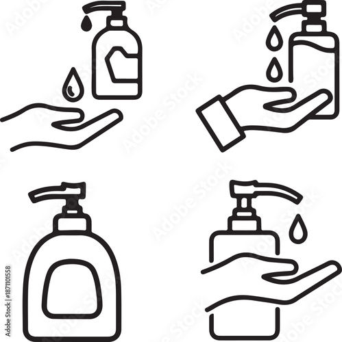 Hand Sanitizer and Liquid Soap Dispenser Line Art Icon Set Isolated on White. Hygiene and Disinfection Vector Symbols.