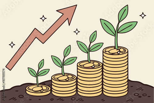41 Stacks of coins increasing in height, Small green plants growing from coins, Glowing arrow chart pointing upwards, Financial growth concept, Soil and green background, Macro photography, Soft light