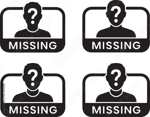 Missing Person Silhouette Icon Set Isolated on White. Unknown Identity and Alert Symbol Vector Illustration.