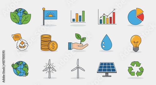 A colorful hand-drawn icon set for ecology renewable energy sustainability and green finance concepts.