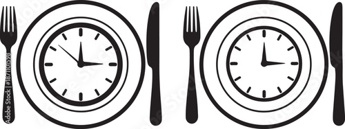 Time to Eat Concept Icon. Clock on Plate with Fork and Knife Silhouette. Intermittent Fasting and Meal Schedule Symbol.