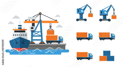 Vector Illustration of Cargo Ship Crane and Trucks at Port.