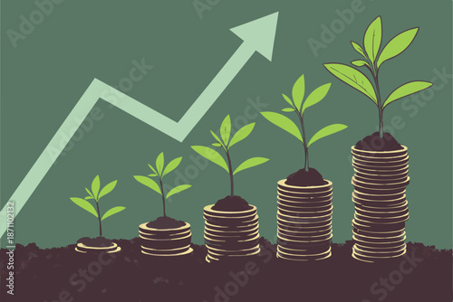 41 Stacks of coins increasing in height, Small green plants growing from coins, Glowing arrow chart pointing upwards, Financial growth concept, Soil and green background, Macro photography, Soft light