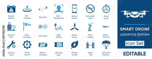 Smart Drone Delivery Logistics And Autonomous Transportation Vector Icon Set.