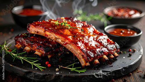 Deliciously glazed and smoky barbecue pork ribs, dramatically lit against a dark, moody background, creating an appetizing and savory culinary experience