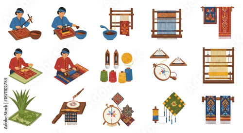 Collection of Traditional Weaving and Textile Crafting Illustrations.