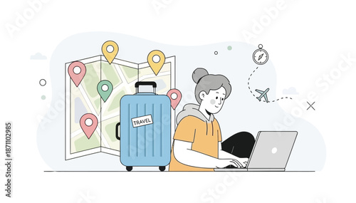 Young woman planning travel trip on laptop with map suitcase and airplane route white background
