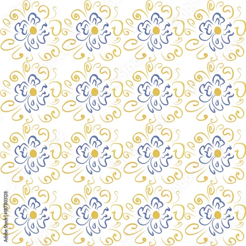 Seamless floral pattern featuring hand-drawn blue flowers with yellow accents and decorative swirling lines on a white background, perfect for fabric, packaging, and stationery design.
