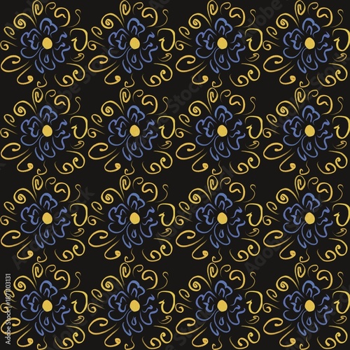 Seamless floral pattern featuring hand-drawn blue flowers with yellow accents and decorative swirling lines on a black background, perfect for fabric, packaging, and stationery design.