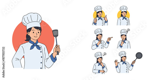 Character set of a cheerful female chef in white uniform holding a spatula and showing various emotional expressions.
