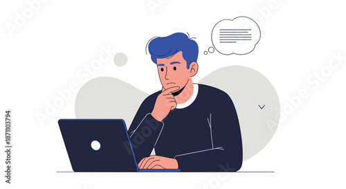 Focused young man sitting at a desk and thinking deeply while working on his laptop computer with a thought bubble.