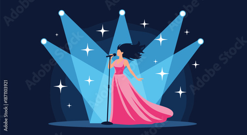 Talented female singer in a long pink dress performing on a dark stage illuminated by bright blue spotlights.