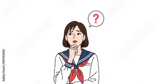 Young schoolgirl in a sailor-style uniform looking up thoughtfully with a red question mark in a speech bubble.