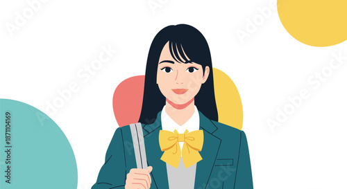 Cheerful schoolgirl in a green blazer and yellow bow uniform standing against a colorful abstract background.