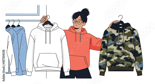 Young woman with glasses trying to choose between a plain white hoodie and a camouflage pattern hoodie on hangers.