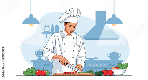 Focused professional chef in white uniform chopping fresh vegetables on a wooden cutting board in a restaurant kitchen.