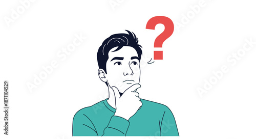 Thoughtful young man with his hand on his chin looking up at a red question mark symbol against a plain white background.