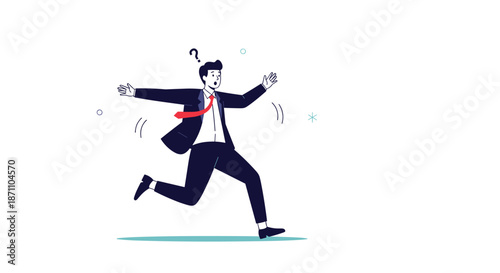 Worried businessman in a dark suit running quickly while looking back with a black question mark floating over his head.