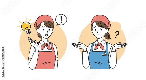 Set of two supermarket female clerks with one having a bright idea and the other feeling confused with a question mark.
