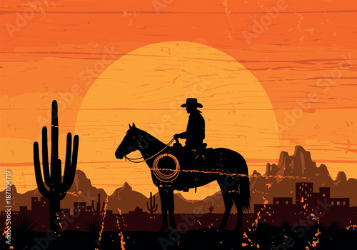 Cowboy on horse silhouette in desert sunset landscape