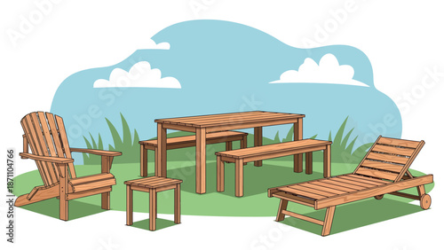 Wooden outdoor furniture set with table, chairs, and loungers