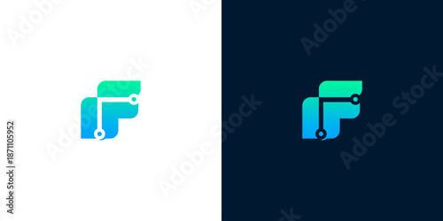 Modern Abstract 'F' Logo with Tech-Inspired Circuit Design and Gradient Colors on White and Dark Backgrounds