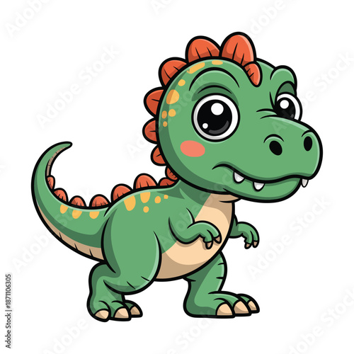 Adorable green tyrannosaurus rex cartoon character with big eyes and a playful expression is depicted.