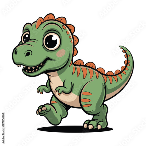 Adorable green tyrannosaurus rex cartoon character with big eyes and a playful expression is depicted.