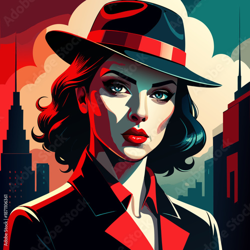 A digital portrait of a femme fatale with bold red lipstick, smoky eyes, and a black fedora hat, set against a monochrome cityscape, with a stylish and retro film noir aesthetic, created ... See More