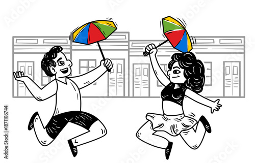 Couple dancing Frevo with a colorful umbrella and historic buildings in the background. Celebrating Brazilian Carnival with vibrant energy and cultural heritage.