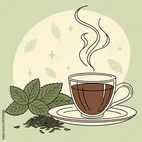 Steaming cup of mint herbal tea with fresh leaves, relaxation beverage illustration