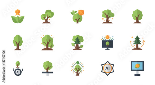 Diverse Flat Icons of Trees Growth and AI Technology Concepts.