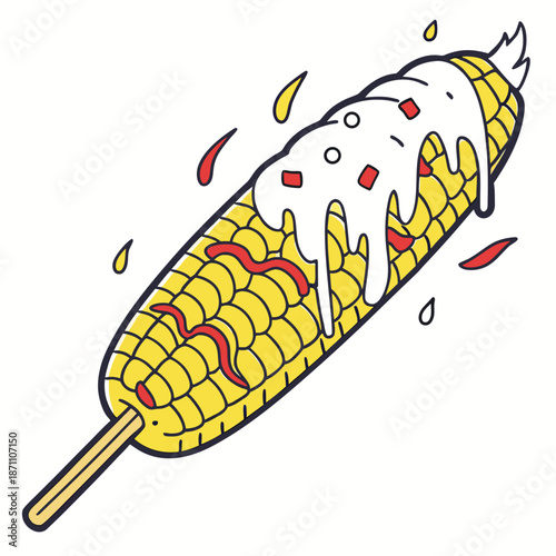 Cartoon elote Mexican street corn with creamy sauce and chili seasoning, food icon
