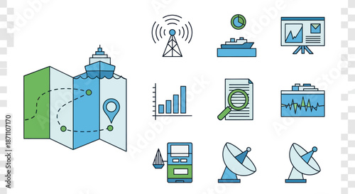 Illustrated Map with Ship and Navigation Icons for Communication.