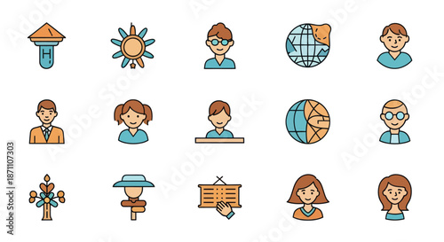 Colorful Icon Set Depicting Various People and Objects.