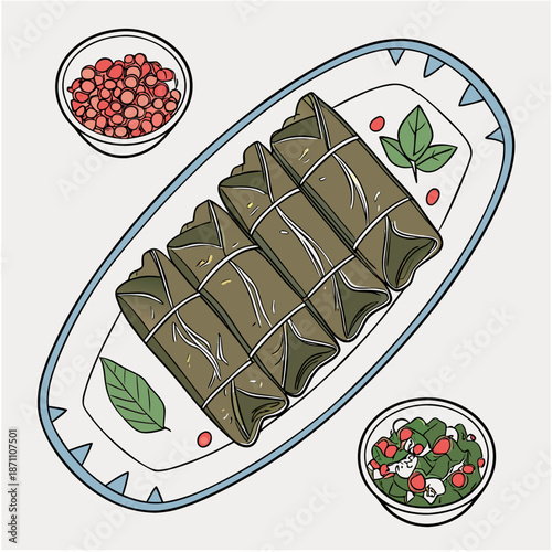 Traditional Mediterranean dolmades stuffed grape leaves platter with garnishes
